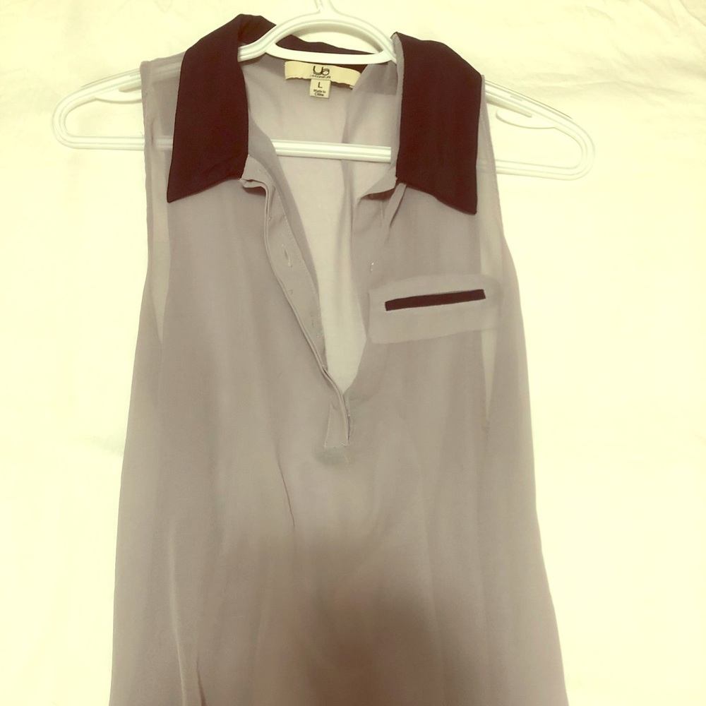 Sleeveless grey and blue blouse
